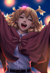 Rule 34 | 10s, 1girl, arms up, closed eyes, freyja wion, glowing, gohpot, hair ornament, heart, heart hair ornament, highres, macross, macross delta, open mouth, orange hair, realistic, side ponytail, signature, smile, solo, teeth, tongue, upper body