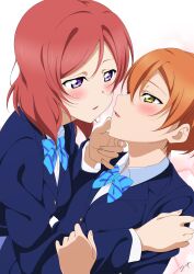 Rule 34 | 2girls, blazer, blue bow, blue bowtie, blue eyes, blue jacket, bow, bowtie, collared shirt, hand on another&#039;s chin, highres, hoshizora rin, imminent kiss, jacket, long sleeves, looking at another, love live!, love live! school idol project, multiple girls, nagi mkrnpn, nishikino maki, orange hair, otonokizaka school uniform, purple eyes, red hair, school uniform, shirt, short hair, simple background, striped bow, striped bowtie, striped clothes, upper body, white background, white shirt, yellow eyes, yuri