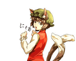 Rule 34 | 1girl, animal ears, bad id, bad pixiv id, brown eyes, brown hair, cat ears, cat girl, cat tail, chen, female focus, looking back, multiple tails, nyan, paw pose, shibasaki shouji, simple background, solo, tail, touhou, white background