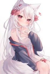 Rule 34 | 1girl, animal ear fluff, animal ears, bare shoulders, black jacket, blush, closed mouth, collarbone, commentary request, criss-cross halter, dress, feet out of frame, flower, fox ears, fox girl, fox tail, hair between eyes, hair flower, hair ornament, halterneck, hand up, heart, highres, jacket, long hair, long sleeves, off shoulder, open clothes, open jacket, original, puffy long sleeves, puffy sleeves, red eyes, red flower, ringouulu, simple background, sitting, sleeves past fingers, sleeves past wrists, solo, tail, very long hair, white background, white dress, white flower, white hair