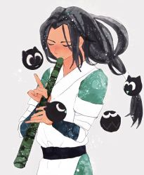Rule 34 | 1boy, bandaged arm, bandages, black hair, blush, flute, half-closed eyes, heixiu, instrument, kogi (blue-moon), long hair, low-tied long hair, music, playing instrument, short sleeves, simple background, smile, luo xiaohei zhanji, upper body, white background, wuxian (the legend of luoxiaohei)