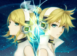 Rule 34 | 1boy, 1girl, back-to-back, bad id, bad pixiv id, blonde hair, brother and sister, choker, headphones, kagamine len, kagamine len (append), kagamine rin, kagamine rin (append), matsunaka hiro, portrait, short hair, siblings, smile, twins, vocaloid, vocaloid append