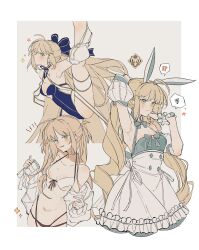 1girl absurdres ahoge animal_ears artoria_caster_(fate) artoria_caster_(swimsuit_berserker)_(fate) artoria_caster_(swimsuit_berserker)_(first_ascension)_(fate) artoria_caster_(swimsuit_berserker)_(second_ascension)_(fate) artoria_caster_(swimsuit_berserker)_(third_ascension)_(fate) artoria_pendragon_(fate) bare_legs bare_pectorals bare_shoulders bikini blonde_hair blush breasts closed_mouth fate/grand_order fate_(series) green_eyes highres leotard looking_at_viewer maid note_nii open_mouth pectorals rabbit_ears small_breasts split standing standing_on_one_leg standing_split swimsuit white_background white_bikini