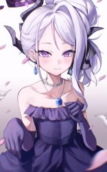 Rule 34 | 1girl, absurdres, black horns, blue archive, blush, closed mouth, collarbone, commentary request, dangbaeg (user ngka8457), dangle earrings, demon horns, dress, earrings, elbow gloves, gloves, grey hair, halo, highres, hina (blue archive), hina (dress) (blue archive), horns, jewelry, long hair, looking at viewer, multiple horns, necklace, purple dress, purple eyes, purple gloves, smile, solo, strapless, strapless dress
