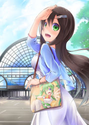 Rule 34 | 1girl, aozora market, bag, brown hair, character request, dress, gradient eyes, green eyes, hair ornament, hairclip, jacket, long hair, melon-chan, melonbooks, multicolored eyes, open mouth, shoulder bag, smile, solo, watch, white dress