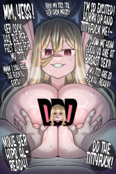 1boy 1girl arms_behind_head blonde_hair blush breasts censored commentary ekz_(robotekz) english_commentary english_text grin hair_between_eyes hetero large_breasts long_hair looking_at_viewer nipples novelty_censor original paid_reward_available paizuri pov red_eyes sharp_teeth smile sweat teeth