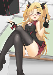 Rule 34 | 1girl, absurdres, akatsuki uni, ass, bare shoulders, black dress, black gloves, black thighhighs, blonde hair, blurry, blurry background, blush, breasts, classroom, commentary request, crossed legs, depth of field, desk, dress, fang, glasses, gloves, hair ornament, hairclip, hand up, highres, index finger raised, indoors, long hair, looking at viewer, momio, no shoes, one eye closed, open mouth, panties, parted bangs, partially fingerless gloves, purple eyes, red-framed eyewear, semi-rimless eyewear, side-tie panties, sleeveless, sleeveless dress, small breasts, solo, thighhighs, two side up, under-rim eyewear, underwear, uni create, very long hair, virtual youtuber, white panties, zipper pull tab