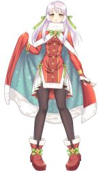 Rule 34 | 1girl, absurdres, adapted costume, bell, black gloves, black pantyhose, blush, boots, bow, bracelet, cape, christmas, dress, earmuffs, fingerless gloves, fire emblem, fire emblem: radiant dawn, fire emblem heroes, fur-trimmed boots, fur-trimmed cape, fur-trimmed dress, fur collar, fur trim, gloves, green ribbon, hair ribbon, highres, holding, holding cape, holding clothes, jewelry, leenvidia, long hair, long sleeves, micaiah (fire emblem), multicolored cape, multicolored clothes, nintendo, pantyhose, red cape, red dress, ribbon, silver hair, simple background, smile, snowsakurachan, solo, white background, yellow eyes