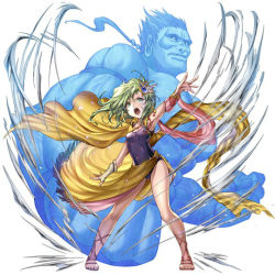 Rule 34 | 1boy, 1girl, arm up, armpits, artist request, blue leotard, bracer, cape, final fantasy, final fantasy iv, fingerless gloves, gem, gloves, green eyes, green hair, hair ornament, leotard, long hair, muscular, official art, open mouth, outstretched arm, rydia (ff4), sandals, sarong, shouting, single glove, source request, titan (final fantasy), wind, wind lift, yellow cape, yellow sarong