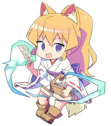 Rule 34 | 1girl, :d, animal ear fluff, animal ears, between fingers, blonde hair, blue eyes, boots, box, brown footwear, brown shorts, commentary request, fang, full body, hair between eyes, highres, holding, japanese clothes, kimono, long hair, long sleeves, looking at viewer, obi, ofuda, ofuda between fingers, open mouth, original, ponytail, ribbon-trimmed sleeves, ribbon trim, roku no hito, sash, shorts, simple background, smile, solo, tail, very long hair, white background, white kimono, wide sleeves