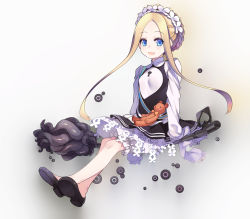 Rule 34 | 1girl, abigail williams (fate), apron, black skirt, blonde hair, blue eyes, bow, butterfly hair ornament, fate/grand order, fate (series), hair ornament, heroic spirit chaldea park outfit, key, long hair, maid, maid apron, maid headdress, mary janes, orange bow, parted bangs, rori chuushin, shoes, skirt, sleeves past fingers, sleeves past wrists, stuffed animal, stuffed toy, teddy bear, white bow