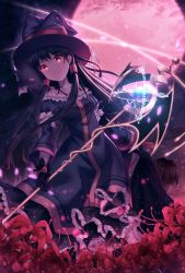 Rule 34 | &gt;:(, 1girl, bad id, bad pixiv id, black dress, black gloves, black hair, black hat, blood, bow, commentary request, corpse, dragging, dragon, dress, flower, frilled dress, frills, frown, full moon, glove bow, gloves, hair tubes, hat, hat ornament, highres, juliet sleeves, kokkeina budou, kyouou ena, light particles, long hair, long sleeves, looking at viewer, magic circle, mini dragon, moon, off-shoulder dress, off shoulder, on shoulder, original, puffy sleeves, red bow, red eyes, red flower, red moon, sidelocks, solo focus, spider lily, staff, strap, v-shaped eyebrows, witch, witch hat