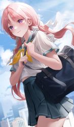 Rule 34 | 1girl, bag, blurry, blurry background, blush, character request, cityscape, cloud, contrail, female focus, hair ribbon, highres, langmal, looking at viewer, neckerchief, orange neckerchief, pink hair, pleated skirt, purple eyes, ribbon, sailor collar, school uniform, serafuku, short sleeves, skirt, smile, twintails, white ribbon