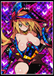 Rule 34 | 1girl, artist request, bare legs, bare shoulders, blonde hair, blue hat, bottomless, breasts, character name, cleavage, curvy, dark magician girl, dress, duel monster, green eyes, hat, highres, holding, holding staff, large breasts, long hair, looking at viewer, magical girl, miniskirt, pink skirt, revealing clothes, shiny skin, skirt, smile, solo, staff, very long hair, witch, witch hat, yu-gi-oh!