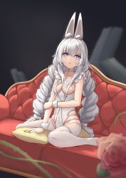 Rule 34 | + +, absurdres, animal ears, arm support, azur lane, blue eyes, blurry, breasts, choker, collarbone, couch, covered navel, depth of field, fake animal ears, flower, grey hair, groin, heitang bing zi, highleg, highleg leotard, highres, le malin (azur lane), le malin (listless lapin) (azur lane), leotard, nontraditional playboy bunny, official alternate costume, on couch, parted lips, pillow, pink flower, pink rose, rabbit ears, rose, sitting, small breasts, symbol-shaped pupils, thighhighs, wariza, white choker, white leotard, white thighhighs, wrist cuffs