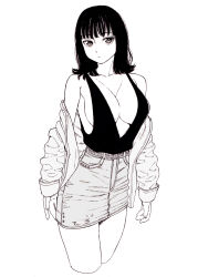 Rule 34 | 1girl, bad id, bad pixiv id, black hair, breasts, cleavage, closed mouth, collarbone, dende (dndn222), greyscale, highres, large breasts, looking at viewer, medium hair, monochrome, original, plunging neckline, scan, scan artifacts, shirt, sideboob, skirt, solo, standing, sweater, traditional media