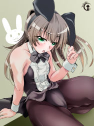 Rule 34 | 10s, 1girl, animal ears, arm support, blush, bow, bowtie, breasts, brown hair, detached collar, ear tug, fake animal ears, green eyes, highres, kantai collection, kumano (kancolle), long hair, looking at viewer, open mouth, pantyhose, playboy bunny, rabbit ears, sitting, small breasts, solo, tsukineko, wrist cuffs