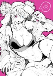 Rule 34 | 1girl, absurdres, bikini, blue eyes, breasts, collarbone, fingernails, food, greyscale, greyscale with colored background, han juri, heterochromia, highres, holding, hood, large breasts, looking at viewer, monochrome, nail polish, navel, official alternate costume, open mouth, pink background, pink eyes, popsicle, simple background, solo, street fighter, street fighter 6, sweat, swimsuit, tongue, tongue out, yotsumi shiro
