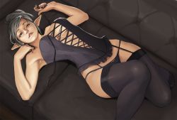 Rule 34 | 1girl, armpits, corset, couch, elf, garter straps, grey hair, looking at viewer, nail polish, parted lips, pointy ears, ponytail, red eyes, sharlona, solo, thighhighs