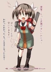 Rule 34 | 10s, 1girl, backpack, bag, blush, bow, brown eyes, brown hair, cannon, hair bow, hair ribbon, holster, inyucchi, kantai collection, long sleeves, looking at viewer, necktie, open mouth, randoseru, ribbon, shoes, single thighhigh, solo, tearing up, text focus, thigh holster, thighhighs, tone (kancolle), twintails, aged down
