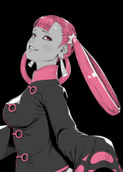 Rule 34 | 1girl, absurdres, black background, blush, breasts, creatures (company), earrings, female focus, from side, game freak, grin, hair rings, half-closed eyes, highres, jewelry, large breasts, long hair, long sleeves, looking at viewer, matching hair/eyes, monochrome, nintendo, npc trainer, parted lips, pink eyes, pink hair, pokemon, pokemon masters ex, punk girl (pokemon), sharp teeth, shirt, simple background, sleeves past wrists, smile, solo, standing, teeth, turiganesou800, upper body