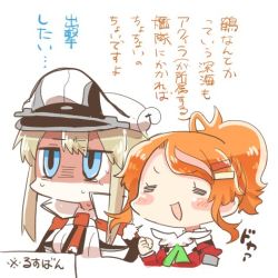 Rule 34 | 2girls, aquila (kancolle), collared shirt, graf zeppelin (kancolle), hair ornament, hairclip, high ponytail, jacket, kantai collection, long hair, lowres, military, military uniform, multiple girls, orange hair, rebecca (keinelove), red jacket, shaded face, shirt, sidelocks, translation request, uniform, wavy hair, white shirt