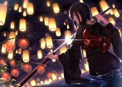 Rule 34 | 1girl, bad id, bad pixiv id, black hair, chinese lantern, chinese lantern (plant), commentary request, from behind, ground cherry, hair over shoulder, highres, holding, holding sword, holding weapon, japanese clothes, kat (bu-kunn), katana, kimono, lantern, lantern on liquid, long hair, long sleeves, looking at viewer, looking back, night, night sky, original, outdoors, paper lantern, parted lips, partially submerged, plant, red eyes, sash, sheath, sky, solo, standing, star (sky), starry sky, sword, unsheathing, wading, water, weapon, wide sleeves