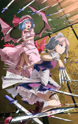 2girls bat_wings between_fingers blue_eyes blue_hair blue_skirt blue_vest braid brown_shoes fang flying grey_hair hat highres holding holding_knife imperishable_night izayoi_sakuya knife knives_between_fingers maid_headdress midair mob_cap multiple_girls otomeza_ryuseigun pink_eyes pink_hat pink_shirt pink_skirt pocket_watch reflection remilia_scarlet shirt shoes short_hair side_braids skirt smile touhou vampire vest watch white_shirt wings