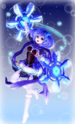 Rule 34 | 1girl, :d, bad id, bad pixiv id, blue eyes, blue hair, chiyo (no3baki), dance princess of the ice barrier, duel monster, gradient background, hair ornament, looking at viewer, matching hair/eyes, open mouth, purple scarf, scarf, smile, snowflakes, solo, twintails, weapon, yu-gi-oh!