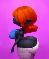Rule 34 | 1girl, alternate costume, breasts, butt crack, dark-skinned female, dark skin, hair over eyes, highres, kuchidakeonna, medium breasts, orange hair, outta sync, pants, thick lips, thick thighs, thighs, white pants, wide hips, youkai watch