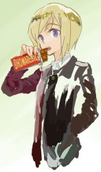Rule 34 | 1girl, blonde hair, blue eyes, candy, candy wrapper, chocolate, chocolate bar, erica hartmann, food, gradient background, hand in pocket, holding, homare (homaredai), long sleeves, purple eyes, short hair, solo, strike witches, twitter username, world witches series