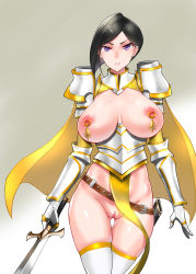 Rule 34 | 1girl, armor, black hair, breasts, casual nudity, cleft of venus, female knight, highres, knight, large breasts, looking at viewer, nipple piercing, nipple rings, nipples, original, parted lips, piercing, purple eyes, pussy, recolor, revealing clothes, reverse bikini armor, reverse outfit, scabbard, sheath, solo, sword, thighhighs, uncensored, vvv (vvv98048917), weapon, white armor