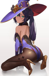 Rule 34 | 1girl, absurdres, ass, bare shoulders, blush, brown footwear, brown pantyhose, closed mouth, crescent, crescent hat ornament, detached sleeves, from behind, full body, fur collar, genshin impact, green eyes, hair between eyes, hat, hat ornament, high heels, highres, kneeling, leotard, long hair, long sleeves, looking at viewer, looking back, mona (genshin impact), moon (yfsp7823), pantyhose, purple hair, purple hat, purple leotard, simple background, solo, twintails, unworn hat, unworn headwear, v-shaped eyebrows, white background, witch hat