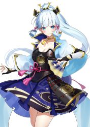 Rule 34 | 1girl, absurdres, armor, ayaka (genshin impact), blue eyes, blue hair, blue skirt, blush, breasts, bridal gauntlets, cleavage, closed mouth, collarbone, commentary request, genshin impact, hair ornament, hair ribbon, hand fan, highres, holding, holding fan, long hair, looking at viewer, medium breasts, ponytail, red ribbon, ribbon, skirt, smile, solo, standing, thighs, yamanokami eaka