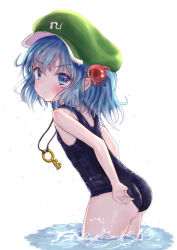 Rule 34 | 1girl, ass, bananannu, black one-piece swimsuit, blue eyes, blue hair, closed mouth, cowboy shot, flat cap, from side, green hat, hair bobbles, hair ornament, hat, highres, jewelry, kawashiro nitori, key, looking at viewer, one-piece swimsuit, partially submerged, pendant, school swimsuit, short hair, simple background, solo, standing, swimsuit, touhou, two side up, wet, white background
