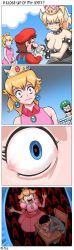 Rule 34 | 2girls, 3boys, 4koma, armlet, bare shoulders, black dress, blonde hair, blue eyes, borrowed character, bowsette, bracelet, breasts, cleavage, close-up, cloud, collar, comic, crown, dress, eye reflection, fang, fang out, fire, frown, highres, horns, humor, jewelry, large breasts, luigi, mario, mario (series), mario tennis, meme, multiple boys, multiple girls, new super mario bros. u deluxe, nintendo, open mouth, ponytail, princess peach, reflection, screaming, sharp teeth, sky, spiked bracelet, spiked collar, spikes, super crown, teeth, tennis peach, thick eyebrows, uvula