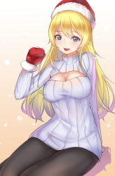 Rule 34 | 10s, 1girl, atago (kancolle), black pantyhose, blonde hair, blue eyes, breasts, cleavage, cleavage cutout, clothing cutout, gloves, hat, highres, kantai collection, large breasts, legs together, long hair, looking at viewer, meme attire, open-chest sweater, pantyhose, red gloves, ribbed sweater, santa hat, smile, solo, sunege (hp0715), sweater, turtleneck
