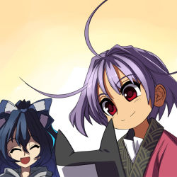 Rule 34 | 2girls, :d, ^ ^, ahoge, blue bow, bow, closed eyes, commentary request, debt, gradient background, grey hoodie, hair between eyes, hair bow, head tilt, holding, holding stuffed toy, hood, hoodie, japanese clothes, kimono, multiple girls, no headwear, open mouth, purple hair, red eyes, red kimono, short hair, smile, stuffed animal, stuffed cat, stuffed toy, sukuna shinmyoumaru, syope, touhou, upper body, white background, yellow background, yorigami shion