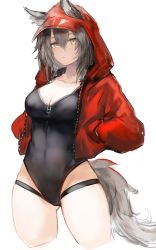 Rule 34 | 1girl, animal ears, arknights, black one-piece swimsuit, breasts, casual one-piece swimsuit, cleavage, closed mouth, collarbone, commentary, covered navel, cropped legs, english commentary, gluteal fold, gnai, grey hair, hands in pockets, highres, hood, hood up, hooded jacket, jacket, large breasts, long sleeves, looking at viewer, official alternate costume, one-piece swimsuit, projekt red (arknights), projekt red (light breeze) (arknights), red jacket, short hair, solo, swimsuit, tail, thigh strap, wolf ears, wolf girl, wolf tail, yellow eyes