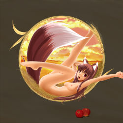 Rule 34 | 1girl, animal ears, apple, araragi yuuichi, barefoot, breasts, brown hair, feet, food, fruit, holo, long hair, mozilla firefox, nipples, nude, red eyes, small breasts, solo, spice and wolf, sunset, tail, wheat, wolf ears, wolf tail