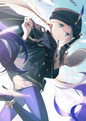 Rule 34 | 1boy, bird, black capelet, black coat, black headwear, blue eyes, blue hair, blue pantyhose, blue sky, buttons, capelet, captain nemo (fate), coat, dutch angle, fate/grand order, fate (series), from below, gradient hair, gun, handgun, hat feather, high heels, holding, holding gun, holding weapon, leg up, light brown hair, long hair, long sleeves, looking at viewer, low twintails, multicolored hair, nemo (fate), outdoors, pantyhose, parted lips, revolver, short shorts, shorts, sky, solo, swept bangs, tsuyukusa (eeta7273), turban, twintails, very long hair, weapon