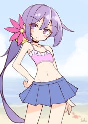 Rule 34 | 1girl, absurdres, akebono (kancolle), bare arms, bare shoulders, bell, bikini, bikini top only, black choker, blue skirt, blush, choker, closed mouth, collarbone, commentary request, day, flower, frilled bikini, frills, groin, hair bell, hair between eyes, hair flower, hair ornament, hand on own hip, highres, horizon, ichi (ichi.colors), jingle bell, kantai collection, long hair, navel, ocean, outdoors, pink bikini, pleated skirt, purple eyes, purple flower, purple hair, side ponytail, signature, skirt, solo, swimsuit, very long hair, water