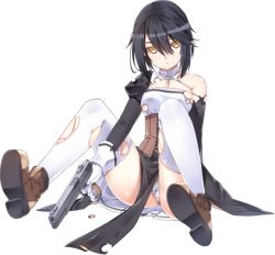 Rule 34 | 1girl, bare shoulders, black hair, boots, breasts, cameltoe, cleavage, corset, cross, full body, gloves, gun, hair between eyes, handgun, juliet sleeves, long sleeves, panties, pointy ears, puffy sleeves, shell casing, short hair, side slit, sitting, solo, tama (tamatamo), thighhighs, torn clothes, torn panties, torn thighhighs, transparent background, underwear, unleashed, weapon, white gloves, white panties, white thighhighs, yellow eyes