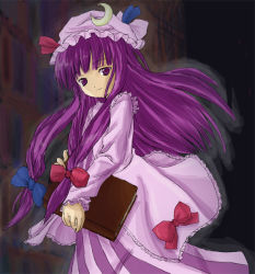 Rule 34 | 1girl, book, bow, crescent, dress, female focus, hair bow, hat, matching hair/eyes, mob cap, patchouli knowledge, purple eyes, purple hair, solo, striped clothes, striped dress, touhou, vertical stripes