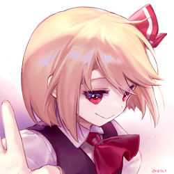 Rule 34 | 1girl, :&gt;, ainy, ascot, bad id, bad pixiv id, blonde hair, collared shirt, female focus, gradient background, hair ribbon, looking at viewer, lowres, outstretched arms, palms, red eyes, ribbon, rumia, shirt, short hair, smile, solo, spread arms, touhou, upper body, vest, white background