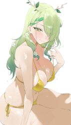Rule 34 | 1girl, absurdres, alternate costume, bare arms, bare shoulders, bikini, bikini pull, braid, braided bangs, breasts, byeon dha, ceres fauna, cleavage, closed mouth, clothes pull, commentary, flower, green hair, hair branch, hair flower, hair ornament, hair over one eye, highres, hololive, hololive english, large breasts, looking at viewer, mole, mole under eye, navel, pulling own clothes, side-tie bikini bottom, simple background, solo, swimsuit, virtual youtuber, white background, white flower, yellow bikini, yellow eyes