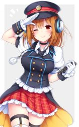 Rule 34 | 1girl, ;), blush, brown hair, chunithm, clock, commentary request, gloves, grey background, hat, headphones, highres, looking at viewer, one eye closed, peaked cap, plaid, plaid skirt, puffy short sleeves, puffy sleeves, red eyes, red skirt, salute, sanotsuki, short hair, short sleeves, skirt, smile, solo, tsukui shizuno, white gloves