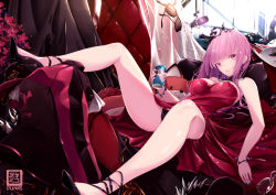 Rule 34 | 1girl, black nails, breasts, can, cleavage, dress, high heels, hololive, hololive english, jacket, large breasts, lying, messy room, mori calliope, mori calliope (party dress), nail polish, nekomimipunks, pink eyes, pink hair, solo, spread legs, sunglasses, virtual youtuber
