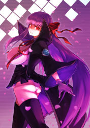 Rule 34 | 1girl, ass, bb (fate), bb (fate/extra), black coat, black legwear, black skirt, breasts, coat, fate/extra, fate/extra ccc, fate (series), gloves, gradient background, grin, hair ribbon, high-waist skirt, highres, juunishi aya, large breasts, leotard, long hair, neck ribbon, open clothes, open coat, popped collar, purple background, purple hair, red eyes, red ribbon, ribbon, skirt, smile, thighs, very long hair, white gloves, white leotard, wide sleeves