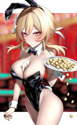 Rule 34 | 1girl, animal ears, bare shoulders, between breasts, black leotard, blonde hair, blush, bow, bowtie, breasts, card, cas cassis, cleavage, coin, detached collar, fake animal ears, feather hair ornament, feathers, flower, genshin impact, hair flower, hair ornament, highleg, highleg leotard, large breasts, leotard, looking at viewer, lumine (genshin impact), medium hair, mora (genshin impact), open mouth, playboy bunny, playing card, rabbit ears, rabbit tail, sidelocks, solo, tail, thighs, tray, wrist cuffs, yellow eyes